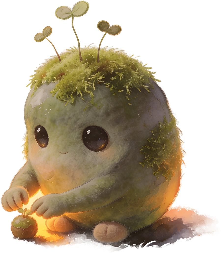 mossy tending a tiny sprout at sunset